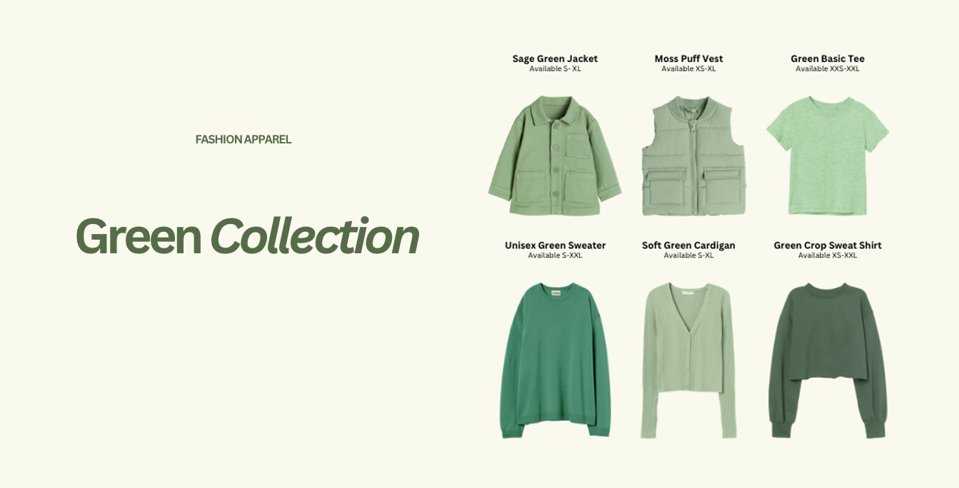 FASHION APPAREL Green Collection - 세이지 그린 재킷, 모스 퍼프 베스트, 그린 기본 티 등