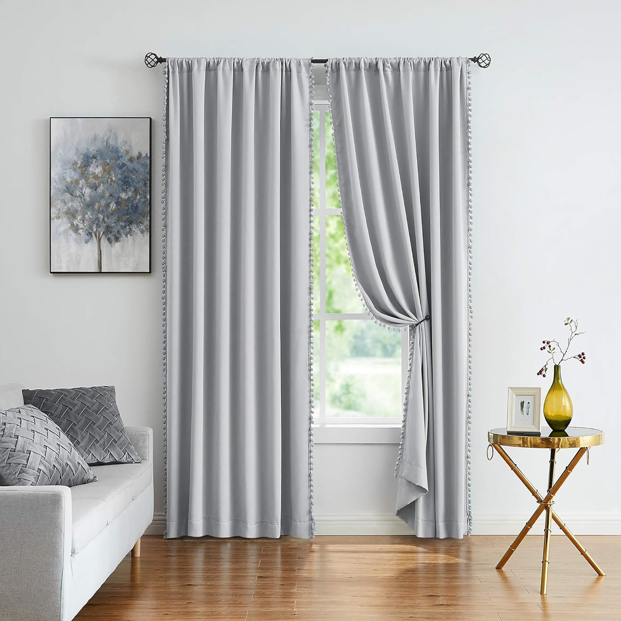 Exultantex 거실용 회색 암막 커튼, Pom Pom 열 창 커튼, 50"W x 95"L, 2개 패널, 로드 포켓