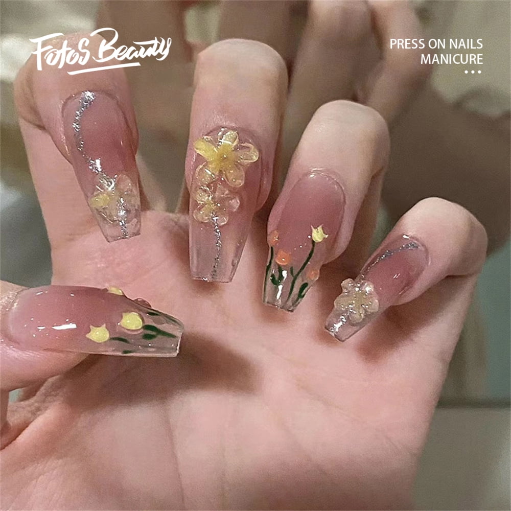 Fofosbeauty 24pcs 거짓 손톱 팁, 짧은 관 가짜 손톱, 짧은 관 Sweet & Clear Flower 프레스