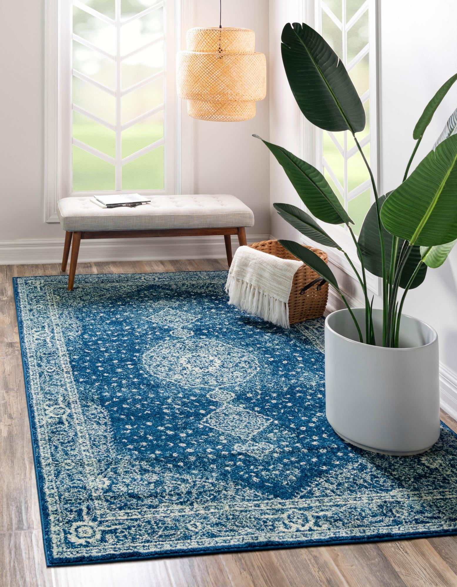 독특한 Loom Midnight Bromley 러그 네이비 블루/아이보리 9' x 12' 직사각형 메달리온 쉐비 시크 거실 침실 침실 다이닝 룸 사무실에 적합
